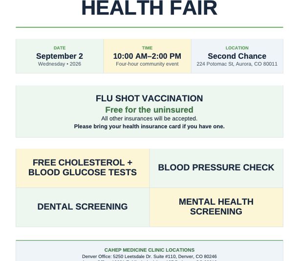 Community health fair in Aurora, Colorado, offering health screenings and flu vaccinations on September 2, 2026.