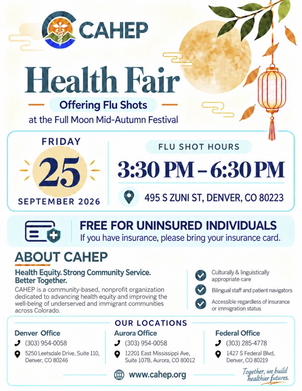 CAHEP Health Fair and flu shots at the Full Moon Mid-Autumn Festival in Denver on September 25, 2026.